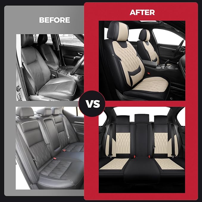 Black Beige Car Seat Covers Full Set - Faux Nappa Leather Seat Covers for Cars, Luxury Breathable Waterproof Front Seats with Lumbar Support and Back Seat Cover, Fit for Sedans SUVs Pick-ups