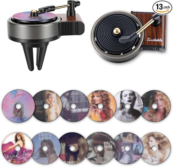 Record Player Car Air Freshener Vent Clip, 12PCS Vintage Album Style Refill Pads, Air Freshener Car Decor Accessories, Pink Fruity Floral Scent Air Fresheners for Car, Music Lovers Gifts
