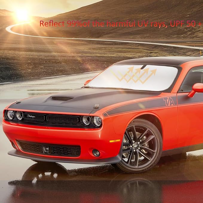 Windshield Sun Shade for 2015-2024 2025 Dodge Challenger Accessories Front Window Sunshade with 210T Sun Visor Protector Blocks UV Rays Heat Sun Shield Keep Car Cooler
