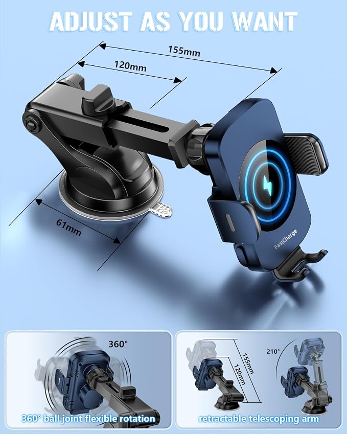 3-in-1 Wireless Car Charger Mount, 15W Fast Charging Auto-Clamping Phone Holder for iPhone 17 16 15 14, Samsung Galaxy S24 S23, Dashboard, Vent & Windshield Car Mount(Deep Blue)