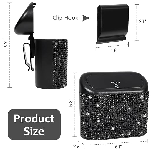Bling Car Trash Can with Lid, Mini Auto Garbage Storage Bin with 60pcs Garbage Bags, Sparkling Crystal Trash Bags Holder Dustbin Vehicle Accessories Container Organizer (Black Rhinestone)