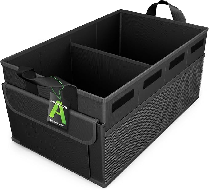 Car Trunk Organizer - 65L Collapsible Car Organizer with Non Slip Bottom & Multiple Pockets for Groceries, Trunk Storage with Base Panel for SUV Sedan Van, 2 Compartments (Black, Large)