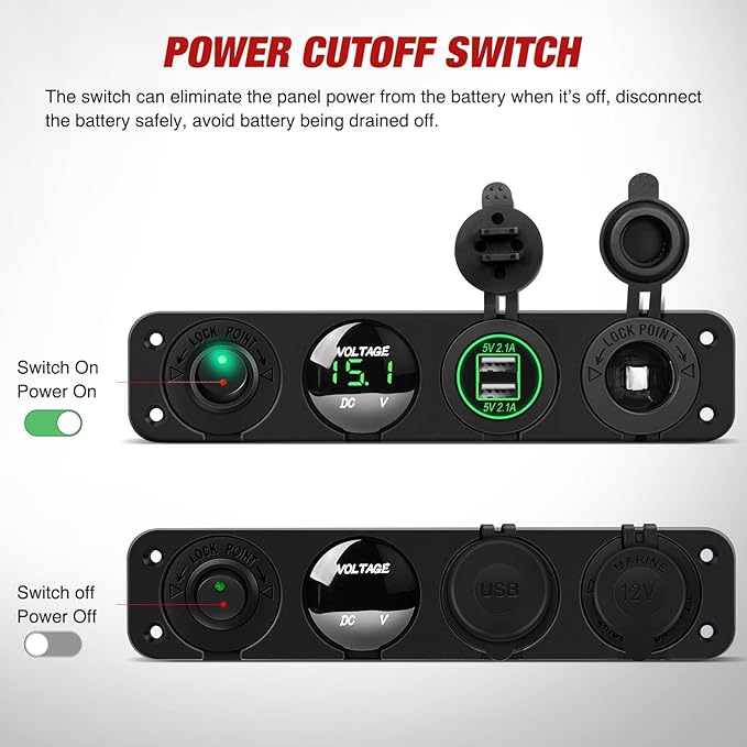 4 in 1 ON Off Charger Panel Dual USB Power Outlet Green LED Voltmeter and Cigarette Lighter Outlet LED Lighted On-Off Rocker Toggle Switch for Truck Car Marine Boats RV