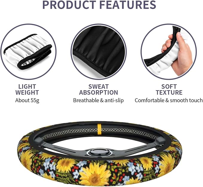Steering Wheel Cover Sunflower Car Accessories + 2 Pieces Coasters | Universal 14-15 Inch Neoprene Auto Interior Decor Anti Slip Car Protector for Women Men