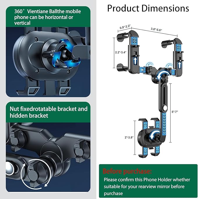 Rearview Mirror Phone Holder for Car, 360° Rotating and Retractable Multifunctional Rear View Phone Mount, Upgraded Four Corners Fixed Anti-Shake Fit All Smartphones & Bigger Vehicle