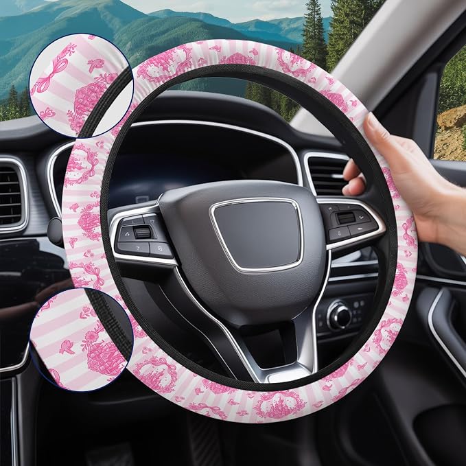 Pink Fairytale Castle Steering Wheel Cover, Polyester Car Wheel Grip, Universal 15 Inch for Cars SUVs Trucks