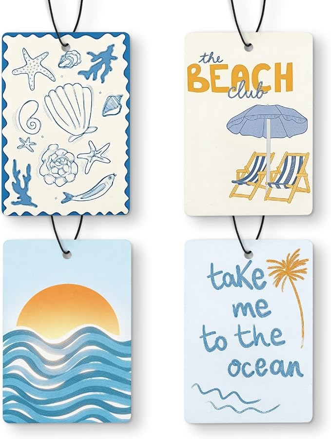 Coastal Blue Beach Air Freshener Diffuser Hanging for Car Interior Closet Drawer Home 4 Pcs, Nautical Summer Seaside Sunrise Beachy Car Accessories Mirror Decor