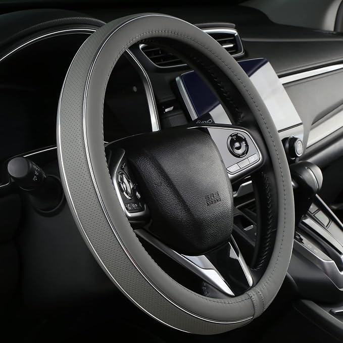 Gray Leather Steering Wheel Cover Silver Fiber Strip Car Steering Wheel Cover Universal 15 inch for Men