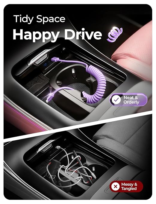 Coiled USB C Cable, 2 Pack for Android Auto & CarPlay Cable, Short USB A to USB C Cable Compatible with iPhone 17/16/15, Samsung Galaxy S25/S24/S23 A15/A14, Google Pixel 9/8, Purple 4FT