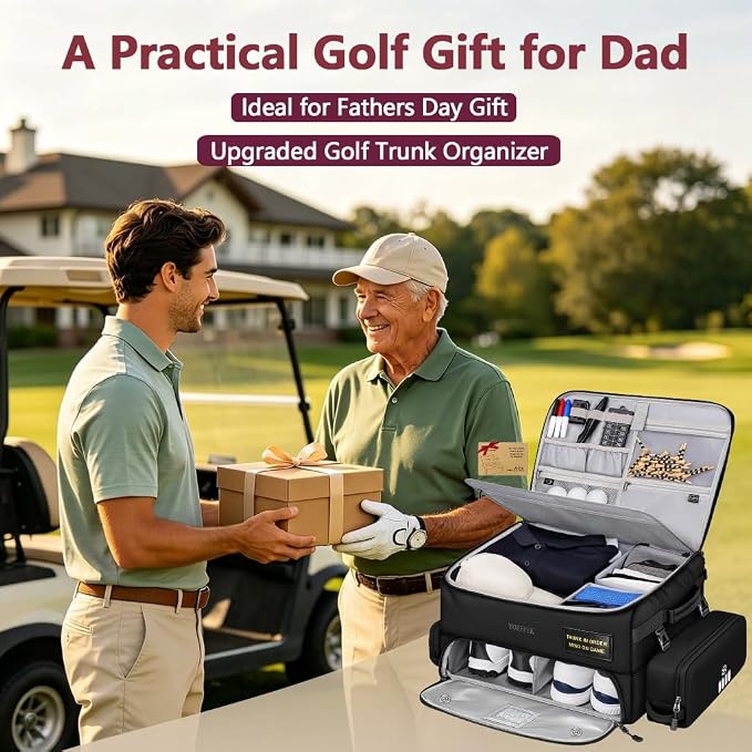 Upgraded Golf Trunk Organizer, Golf Gifts for Men, with Removable Insulated Pouch&Dust-Proof Protective Layer, Multi-Compartment fits 2 Pairs of Shoes, Golf Accessories