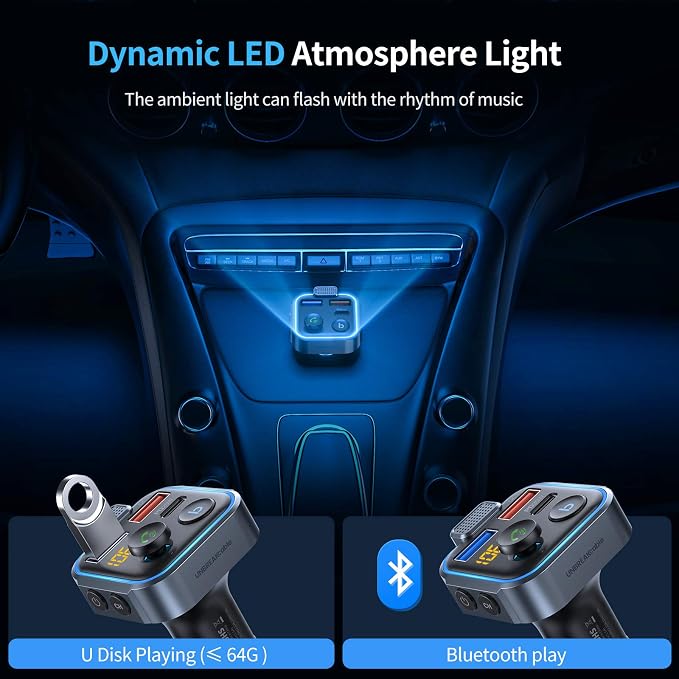 Bluetooth 5.3 FM Transmitter for Car, [PD 20W + QC 3.0] [Stronger Microphone & HiFi Bass Sound] Cigarette Lighter Radio Music Adapter Charger, Supports Hands-Free Siri Google Assistant