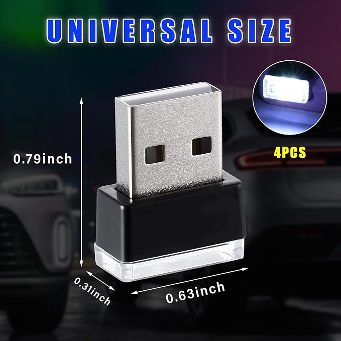 4 PCS USB LED Car Interior Atmosphere Lamp, Plug-in USB Decor Night Light, Portable Auto Ambient Lighting Kit, Universal Vehicle Interior Accessories for Most Cars (White)