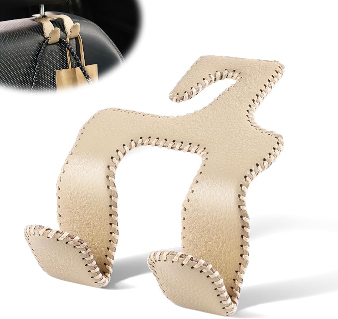 Upgraded Superior Leather Car Seat Back Headrest Hook, 2 in 1 Auto Seat Hook Hangers Holder Organization Interior Accessories for Purses Coats Umbrellas Grocery Bags Handbag (Beige)