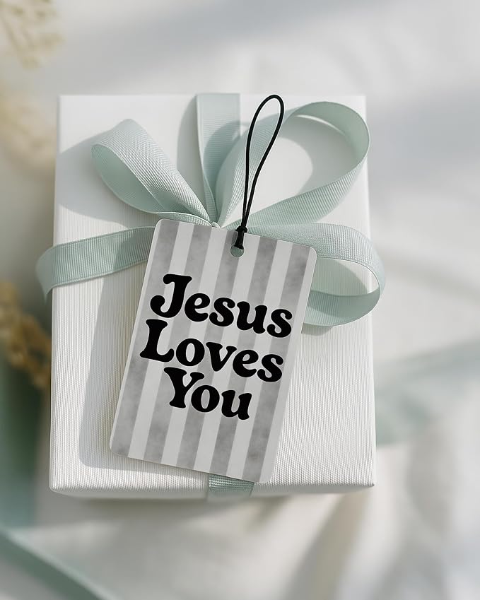 Grey Boho Christian Car Air Freshener 4 Pcs Coconut Scented, Jesus Loves You Car Accessories Mirror Decor, Inspirational Religious Hanging Air Freshener for Cars Closet Drawer Books Kids Room