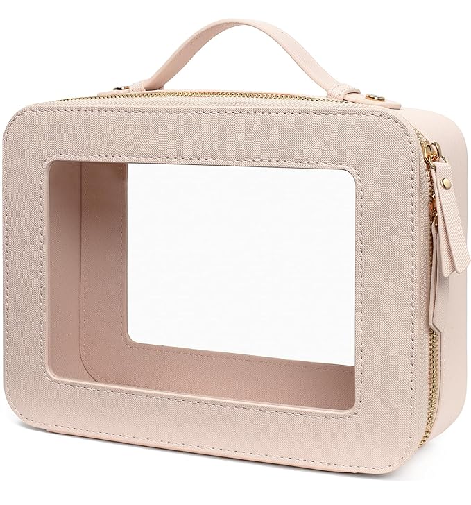 Clear Makeup Bag Organizer,Travel Toiletry Bag Cosmetic Case for Women,Portable Beach Make Up Skincare Pouch Car Organizer Bag with Zippers for Essentials(Large-Beige)
