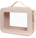 Clear Makeup Bag Organizer,Travel Toiletry Bag Cosmetic Case for Women,Portable Beach Make Up Skincare Pouch Car Organizer Bag with Zippers for Essentials(Large-Beige)