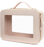 Clear Makeup Bag Organizer,Travel Toiletry Bag Cosmetic Case for Women,Portable Beach Make Up Skincare Pouch Car Organizer Bag with Zippers for Essentials(Large-Beige)