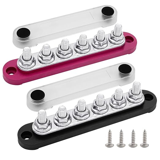 6 x M8 (5/16") Studs Power Distribution Block Bus Bar 12V, 5.9" HD 200A Marine BusBar Battery Distribution Block W/Cover for Car Boat Solar (Red & Black)
