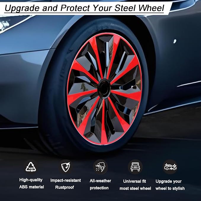 Hubcap Wheel Cover Replacement R14 Hub Caps Universal-Fit Steel Wheel Rim Cover ABS Material Exterior Accessories for Car Truck SUV -Set of 4（14-inch，Red-Black）