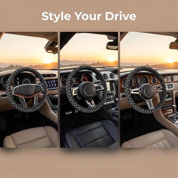 Checkered Gray Steering Wheel Cover Universal 15 Inch + 2 Car Coasters | neoprene Non-Slip Breathable Elasticity Universal for Car Truck SUV for Women Men