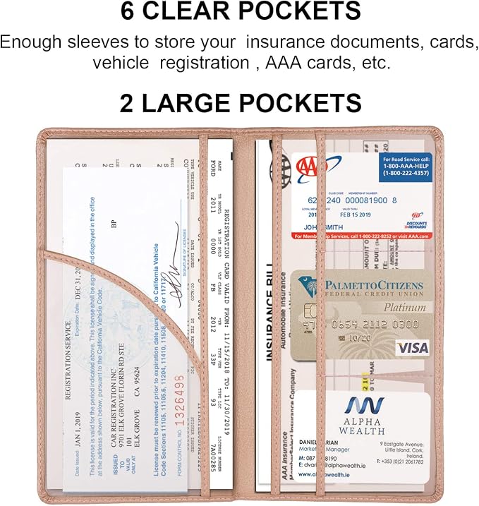 Car Registration and Insurance Holder, Vehicle Glove Box Car Organizer Men Women Wallet Accessories Case with Magnetic Shut for Cards, Essential Document, Driver License, Rose Gold