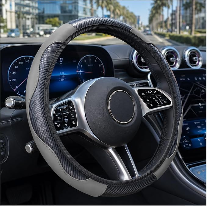 Car Steering Wheel Cover 15 inch, Microfiber PU Leather Elastic Steering Wheel Protector, Anti-Slip Breathable Car Interior Accessories for Most Cars (Grey)