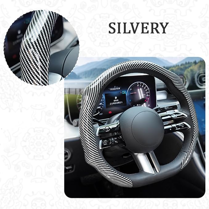 Car Steering Wheel Cover with Comfort Grip, 14.5-15" Carbon Fiber Laser Non-Slip Steering Wheel Protector, Cool Stylish Auto Interior Decor Accessories, Universal for Van SUV Sedan (Silver)