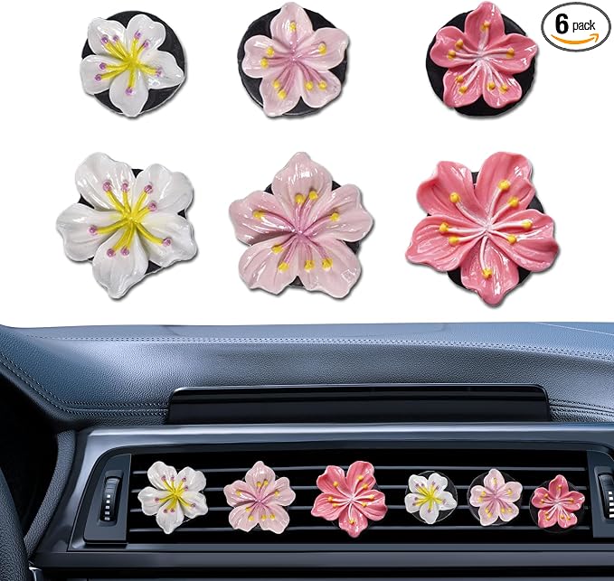 6Pcs Cute Car Air Freshener Vent Clips Flower Air Vent Clips for Fresheners Pink Hawaiian Hibiscus and Cherry Blossom Car Accessories Aesthetic Interior Decor for Women Peach Blossom