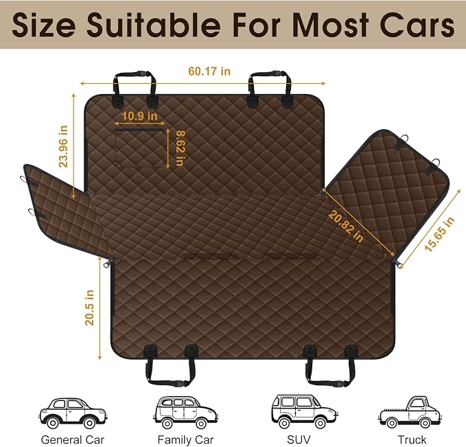 Waterproof Dog Car Seat Cover for Back Seat, Pet Hammock- L, Coffee/Black | Durable waterproof hammock with nonslip design & storage pockets. Protects seats from scratches, fits cars, SUVs & trucks.