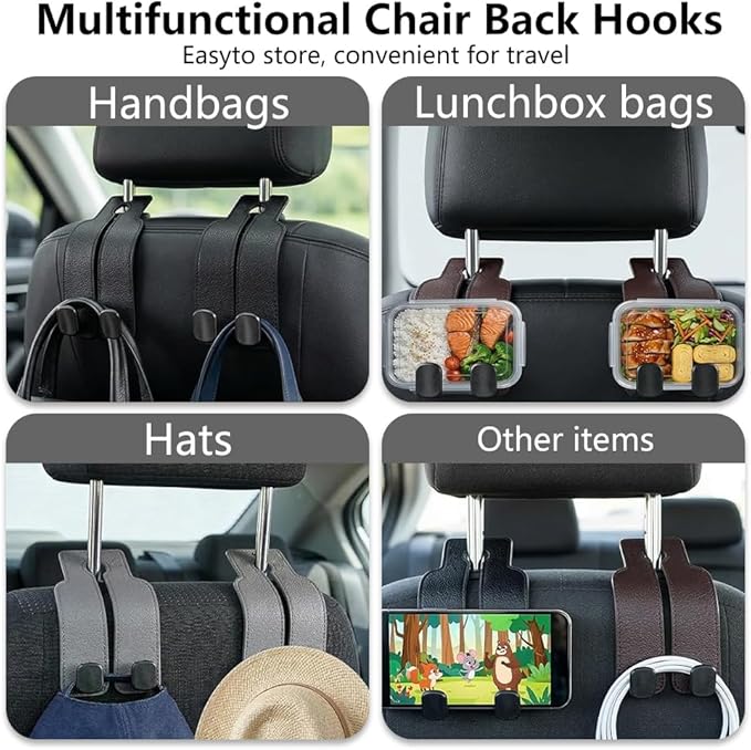 Headrest Hooks for Car, Twinhook Car Seat Hooks for Headrest, Leather Car Purse Holder Hooks for Purses and Bags, Universal Car Headrest Hangers Seat Back Organizer for Travel (Grey, 2Pcs)