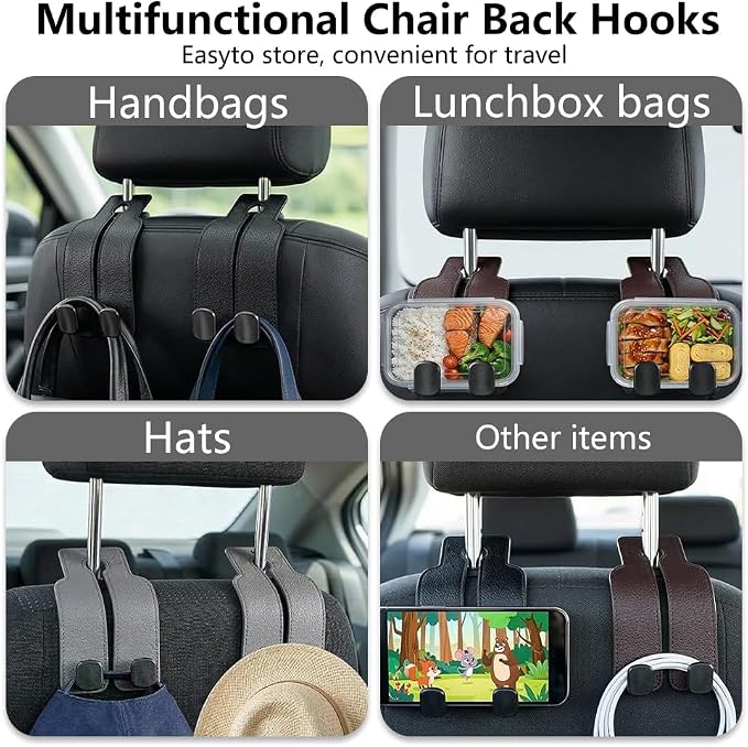 Headrest Hooks for Car, Twinhook Car Seat Hooks for Headrest, Leather Car Purse Holder Hooks for Purses and Bags, Universal Car Headrest Hangers Seat Back Organizer for Travel (Brown, 2Pcs)