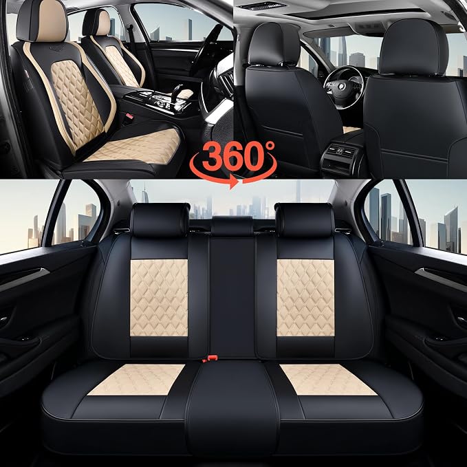 Coverado Universal Car Seat Covers Full Set, Durable Waterproof Faux Leather Front & Rear Seat Protectors, Classic Easy-Clean Interior for Most Vehicles – BlackBeige