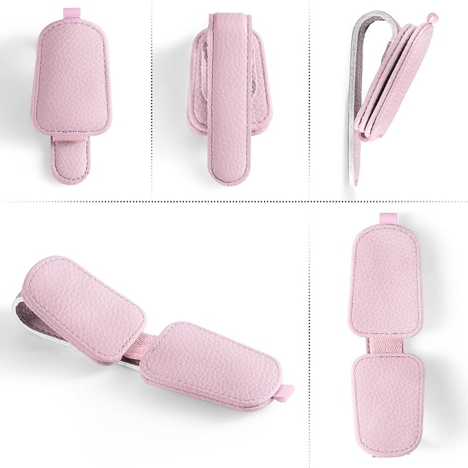 Sunglasses Holder for Car, Leather Magnetic Buckle Sun Visor Sunglass Clip, Ticket Card Storage Glasses Clip, Car Interior Accessories for Men and Women（Pink）