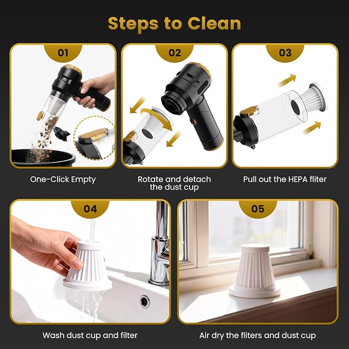Handheld Car Vacuum Cleaner,25000PA Strong Cyclonic Suction Foldable Mini Vacuum Portable Cordless with Digital Display and One Touch Dust Removal for Car, Home, Office, Kitchen (Gold)