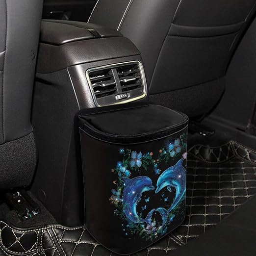 Dolphin Flower Heart Print Car Trash Can with Lid, Leak Proof Auto Trash Bag Hanging Vehicle Garbage Can Multipurpose Storage Container for Back Seat Road Trip