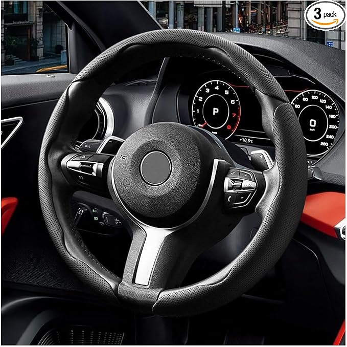 3PCS/Set Car Steering Wheel Cover, Leather Segmented Anti-Slip Automotive Wheel Protector, Soft Breathable Vehicle Steering Protection Covers, Universal Interior Accessories (Black)