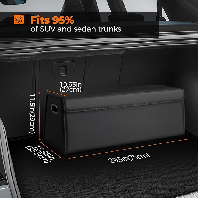 Car Trunk Organizer for SUV and Sedan, Trapezoidal-Black, 29.5 in | Tailored for Rear Seats, Extra Large, Leather Storage Box, Magnetic Lid, Collapsible & Adjustable, Water‑Resist & Dust‑Proof