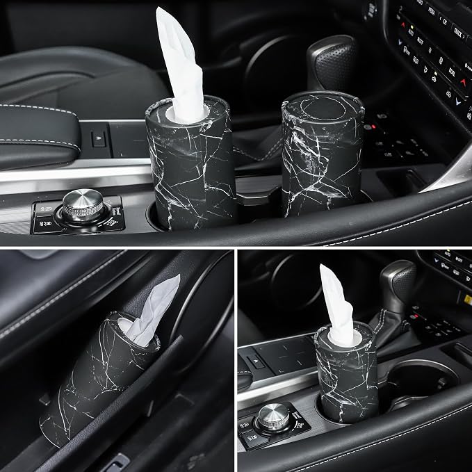 Tissue Holder, 4 Pack Car Cup Holder Facial Tissues with Travel Tissue Bag, Quick and Convenient Flower Combination Car Tissue Box(4 Canisters/200 Tissues) Black