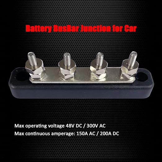 4 x #10 (M5) Studs Bus Bar, 4.2" Ground Distribution Block Brass Battery BusBar Junction with Cover for Auto Boat Amplifier and More (Black)