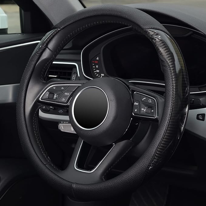 Carbon Fiber Steering Wheel Cover, Universal 15 inch, Anti-Slip, Odorless,Black