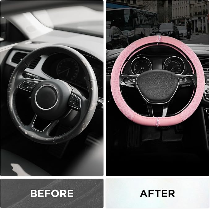 Leopard Steering Wheel Cover for Women, Cute Anti-Slip Microfiber Leather, Fits D Shape Flat Bottom Steering Wheel 14.5-15 Inch - Pink and Pink Leapoard