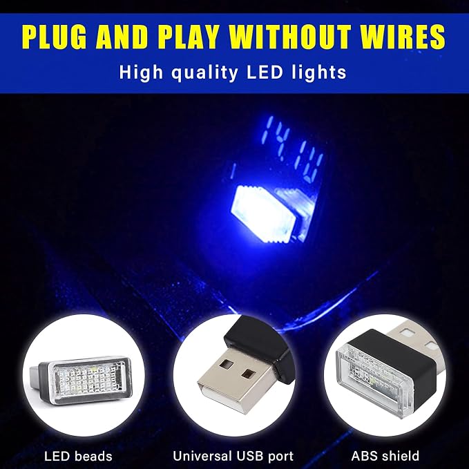 4 PCS USB LED Car Interior Atmosphere Lamp, Plug-in USB Decor Night Light, Portable Auto Ambient Lighting Kit, Universal Vehicle Interior Accessories for Most Cars (Blue)