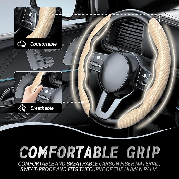 2pcs Car Steering Wheel Cover,Anti-Skid Carbon Fiber Steering Wheel Protector for Men Women,Multiple Color Options,Universal for Most Car Interiors Accessories (Beige)