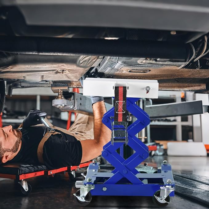 Transmission Jack 450 LBS Capacity: Low Profile Lift with 2M Safety Straps & 4 Brake Wheels, 7-23 Inch Range for Car & Truck Repair (Blue)