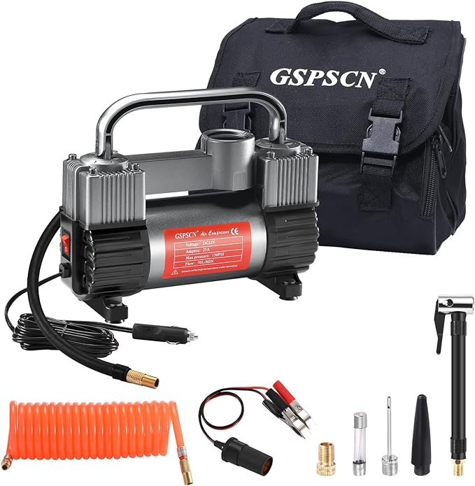 12V Heavy Duty Tire Inflator Metal Portable Air Compressor Pump | 6X Faster Inflation Double Cylinders 150PSI Air Pump with Adapter for Car, RV,Pickup Truck, SUV, Van,Camper, Air Bed,Ball