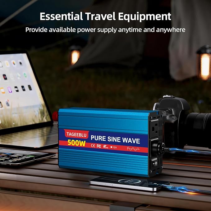 500W Pure Sine Wave Power Inverter 12V DC to 110V 120V AC for Vehicles | Car Cigarette Lighter Adapter inverter with 2 AC Outlets, Converter for Car with LCD Display for Solar RV Truck Home Camping