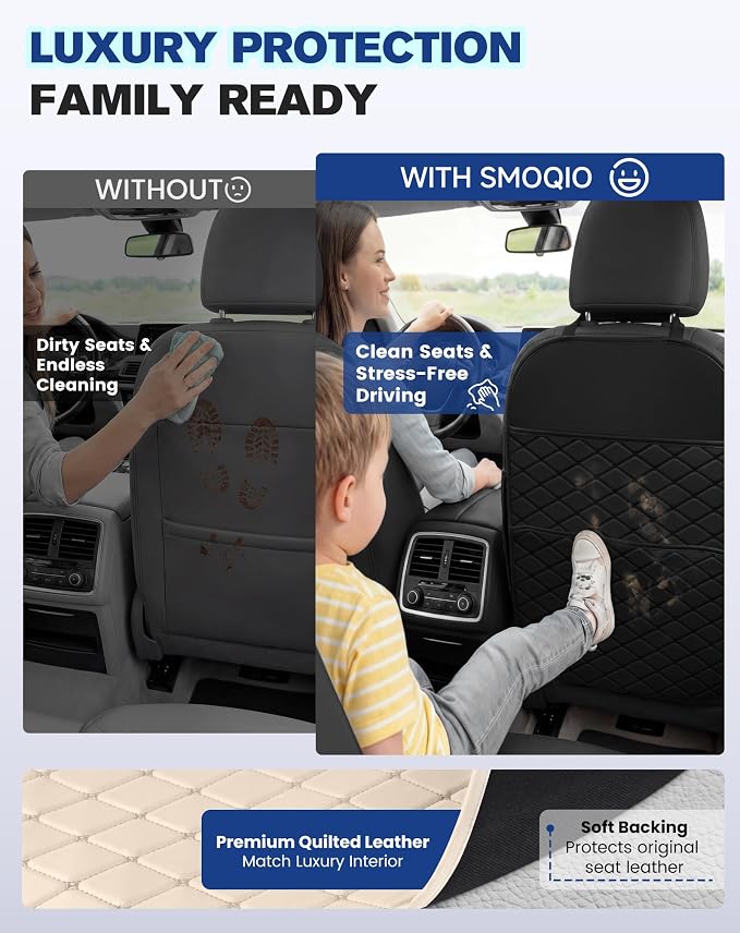Seat Back Protectors for Kids, Car Kick Mats for Front Seats (Beige) | With Large Pocket Organizer, Waterproof, Protects Against Dirt, Scuffs & Scratches, Fits Most Vehicles, 2PCS