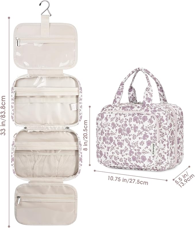 Hanging Floral Toiletry Bag for Women Travel Makeup Bag Organizer Toiletries Bag for Travel Size Essentials Accessories Cosmetics (Dusty Pink Flower (Medium))