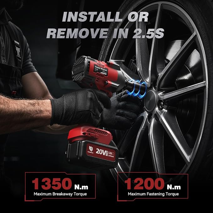 Cordless Impact Wrench 996Ft-lbs(1350N.m), 1/2 Inch High Torque Impact Gun, 20V 2x4.0Ah Batteries & Fast Charger, 3 Variable Speeds, LED Light, High-Rate Impact Driver for Truck/Car/Pickup