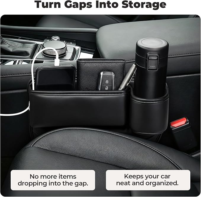 Universal Fit Car Seat Gap Filler Organizer | Extra Storage Organizer with Cup Holder | Easy Access | Premium Leather | Black | 2 Pack